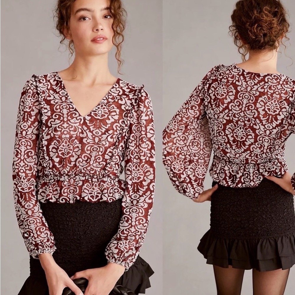 Anthropologie Burgundy and White Flowy cropped Blouse